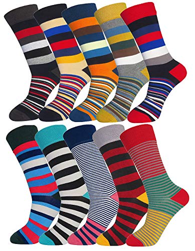 FULIER Calcetines Para Hombre Pares algodón rico cómodo, transpirable, diseño elegante calcetines de colores de moda (10 Pack - Stripe 1)