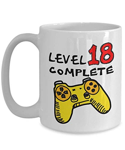 Funny Coffee Mugs 11 OZ - 18th Birthday for Boys - Level 18 Complete Video Gamer - 18 Years Old Girls Gifts - 18th Birthday Gifts for Her, Girls, Boys, Teen Sister Daughter for Christmas - Ceramic