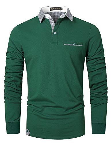 GHYUGR Polo Hombre Manga Larga Camiseta Deporte Clásico Elegante Cuadros Cuello T-Shirt,Verde,XL