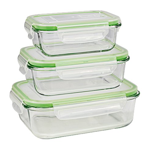 GOURMETmaxx Set de 3 contenedores de alimentos de vidrio, incluyendo la tapa | cierre cuádruple y sello de silicona | perfecta conservación del aroma de la comida