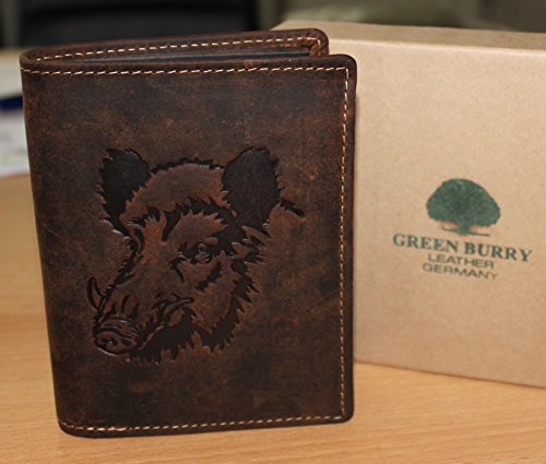 Greenburry/lefox G701 Wildboar - Cartera marrón con jabalí, para amantes de la caza, piel
