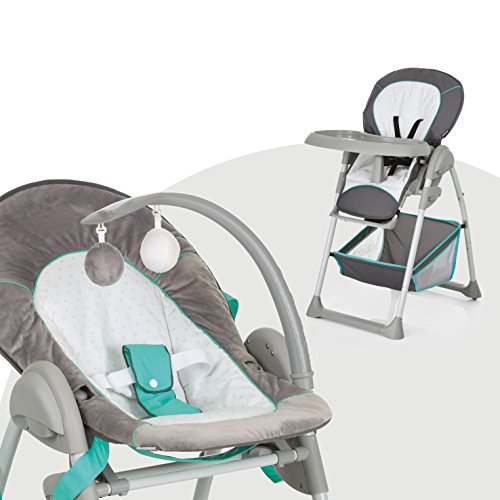 Hauck Sit N Relax 3en1– Hamaquita Balancin y trona para recién nacidos, respaldo reclinable, chasis ligero, con arco móvile, mesa, ruedas, regulable en altura, plegable - gris turquesa