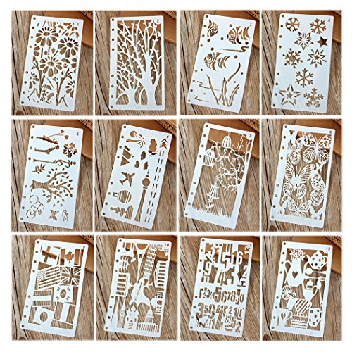 Hillento 12 piezas Dibujo de plantillas de pintura Conjuntos de plantillas de escala para el cuaderno diario de balas Insertos de papel de 8 anillos, perfecto para la creación de niños