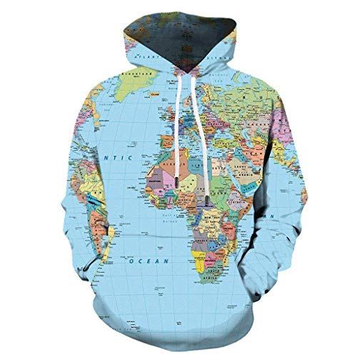 Hoodie Mens, Sweatshirt Men's World Map 3D Digital Geometric Print Hooded Sweater Coat Boys Hoodie Mens Pullover Fluffy Casual Comfortable Long-Sleeved Sportswear Blue XXL