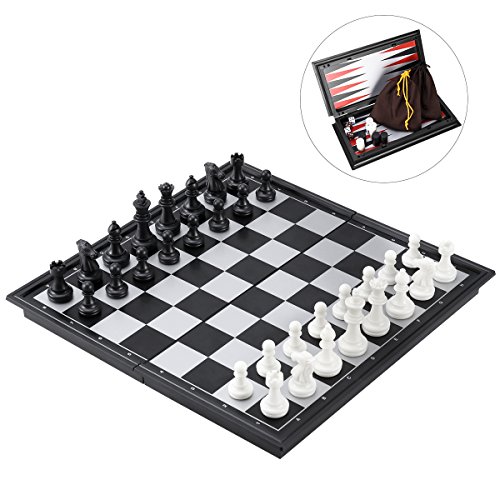 iBaseToy 3 en 1 juego de ajedrez magnético de viaje, juego de ajedrez para niños adultos y niños con tabla de almacenamiento portátil plegable, 25 x 25 cm