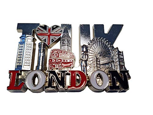 Imán de Metal "I Love London UK" - Color Plateado, Corazón Union Jack , Cabina telefónica, Big Ben, Autobús de dos pisos, Guardia Real, Tower Bridge, Ojo, Recuerdo Inglaterra Reino Unido, Souvenir