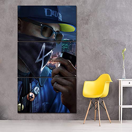 IUOUI 3 Pieces/Set Canvas HD Print Game Watch Dogs 2 Modular Pictures  Wall Art Home Decorative Painting Artwork-50X25CM-Framed