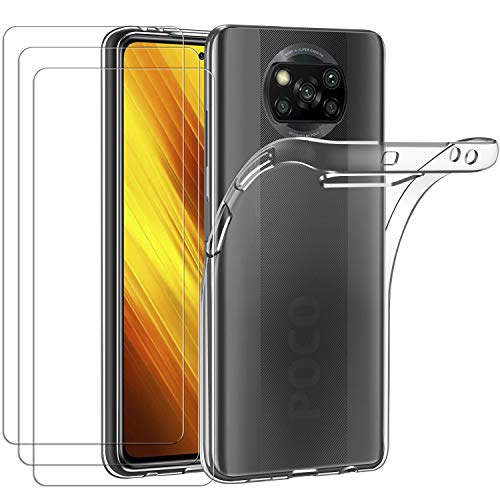 ivoler Funda para Xiaomi Poco X3 NFC/Xiaomi Poco X3 + 3 Unidades Cristal Templado, Transparente TPU Silicona Anti-Choque Anti-arañazos [Carcasa + Vidrio Templado] Protector de Pantalla y Caso