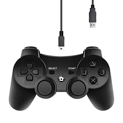 JAMSWALL Mando Inalámbrico para PS3, Bluetooth Controller Joystick con Doble Vibración para Playstation 3 con Cable, Negro