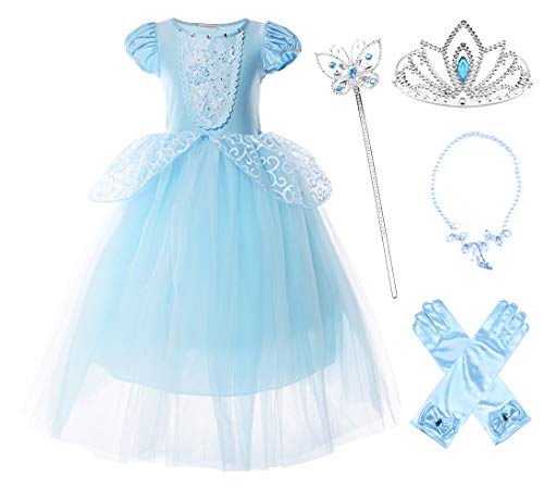 JerrisApparel Niña Princesa Cenicienta Disfraz Manga de Soplo Fiesta Vestido (6 años, Azul con Accesorios)