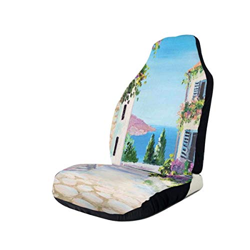 Jiger Seat Covers Vehicle Protector Car Mat, Greek Houses In An Ancient Village Sea with Colorful Plants Around Artwork,Fit Most Cars, Sedan, Truck, SUV,2pcs