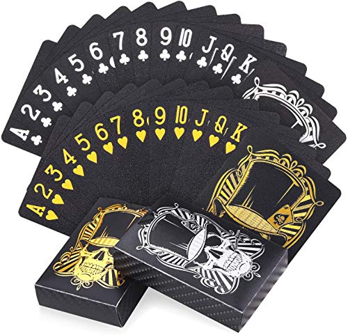 joyoldelf 2 Baraja Poker Negros Geniales, Baraja de Cartas de Póquer Impermeables con Diseño de Calavera con Caja, para Fiestas y Juegos, 1 Oro + 1 Plata
