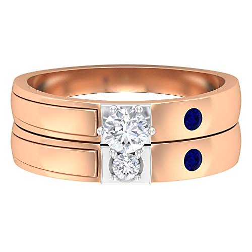Juego de anillos de boda, anillo de compromiso HI-SI de 1/4 quilates, anillo de diamante solitario unisex, anillo de zafiro azul, anillo de aniversario de metal mixto, oro de 10 quilates azul