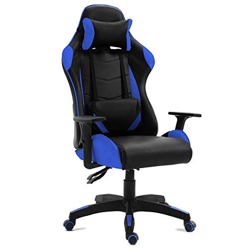 Kewayes - Silla gamer oficina gaming, sillon escritorio ergonómico despacho giratoria, reclinable ajustable con reposabrazos, 5 ruedas, Color Azul