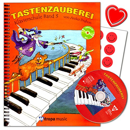 Klavierschule Band 3 – PIANO école de Aniko Drabon – École pour lit simple et Cours en Groupe en langue allemande avec CD, 7 Smiley d'autocollants amusants et cœur coloré Note Pince