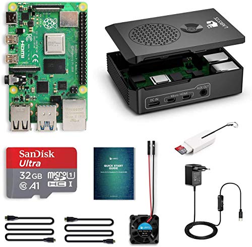 LABISTS Raspberry Pi 4 Model B Kit de 4 GB con SD de 32GB Clase 10, RPi Barebone con 3 Disipadores de Calor, 5V 3A Tipo C, Ventilador, Micro HDMI, Lector de Tarjetas y Caja Negra