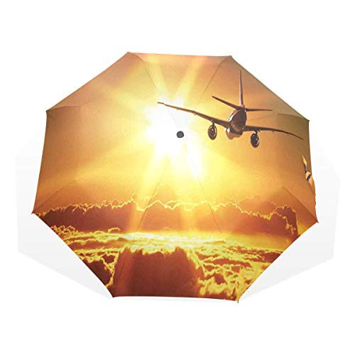 LASINSU Paraguas Resistente a la Intemperie,protección UV,Aviones Aviones de fuselaje Ancho Jet Volando en Sol Naciente con Nubes esponjosas Arte