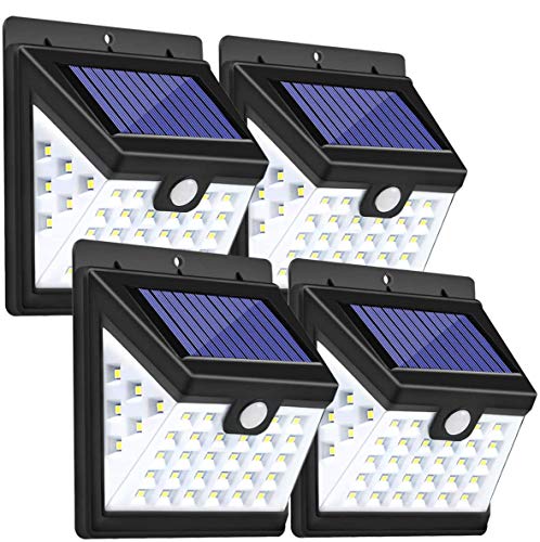 Luces Solares LED Exterior, Guenx Lámpara Solar con Sensor de Movimiento, Foco Solar de Pared para Jardín, Balcón, Garaje, Camino, Acera, 4 Piezas [Clase de eficiencia energética A]