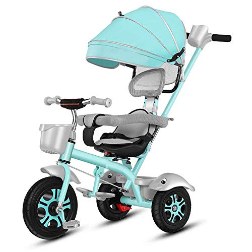 LZQBD Children's Fun/Triciclo Triciclo niños Cochecito Primera Bicicleta 4 In1 Wi360 ° Giratorio y reclinable extraíble Empuje Barra de la manija 1-6years, Azul