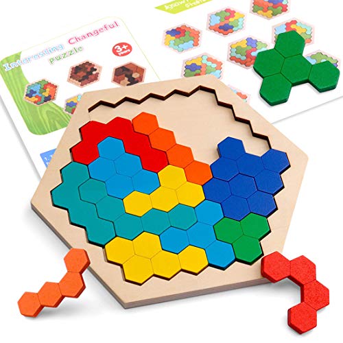 Madera Hexagon Juguete Tangram Rompecabezas de Entrenamiento Cerebral Montessori Geometría Lógica IQ Juego de Regalo de Cumpleaños Educativo Bloque de construcción Inteligencia Juego Preescolar