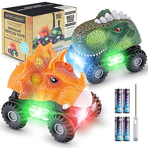 Magicfun Dinosaurio Coche, 2 Coches de Juguetes de Dinosaurios con Luces LED y Sonidos, T-Rex Dino Cars Monster Trucks de Plástico sin BPA, Regalo para Niños Niñas 3-8 Años