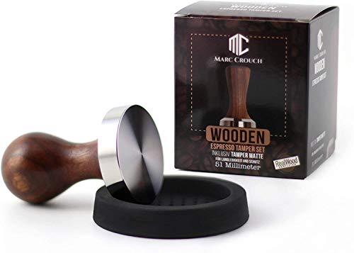 Marc Crouch® - Juego de prensador de café (51 mm, madera de haya y acero inoxidable, incluye alfombrilla de silicona de 58 mm y 3 plantillas)
