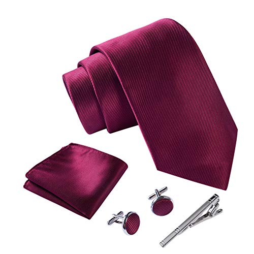 Massi Morino ® Set de corbata (caja regalo para hombres) Corbatas de hombre y pañuelos + gemelos + clip de corbata (Vino Rojo)