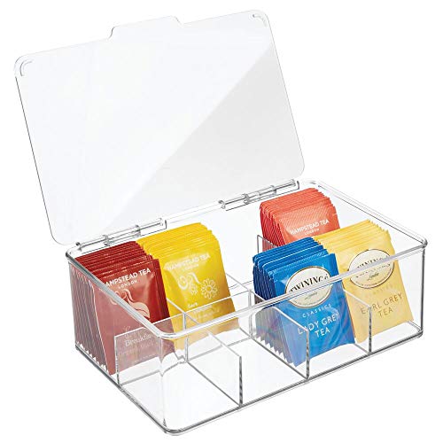 mDesign Caja para té con 8 Compartimentos – Caja para Bolsas de té con Tapa abatible para Proteger el Contenido – Caja de plástico para Guardar té e infusiones – Transparente