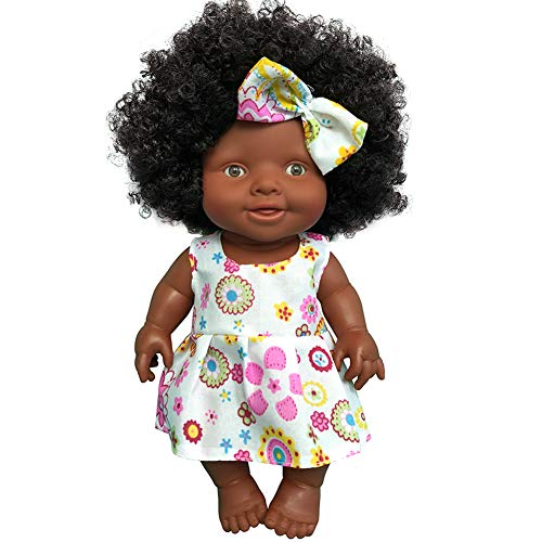 Modonghua Muñeca negra de 25,4 cm, muñeca africana para niños de moda, juegos interactivos de vinilo suave para niñas cumpleaños