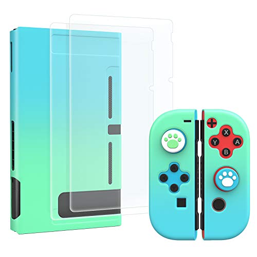 MoKo Funda para Nintendo Switch, Protectora para PC con 4 Tapas de Agarre Pulgar y 2 Protectores Pantalla de Vidrio Templado Transparente HD, Antideslizante, Resistente a Arañazos, Azul+ Verde