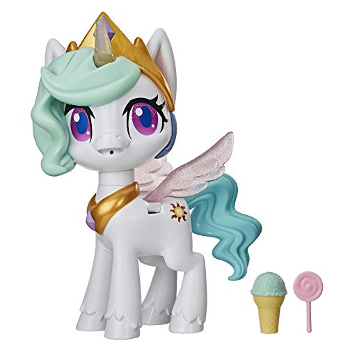 My Little Pony Magical Kiss Unicorn Princess Celestia, Figura interactiva de Unicornio con 3 sorpresas, Juguete Musical para niños Que se Mueve, se Ilumina