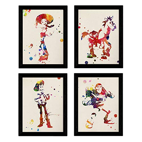 Nacnic Set de Cuatro láminas Estilo explosión de Color. Posters Pelicula Toy Story, Buzz, Woody, Jessie y el Caballo en Tamaño A3 Fondo Color acurela sin Marco