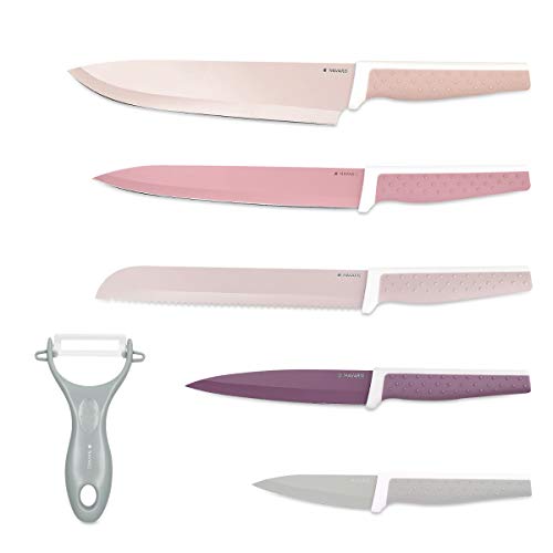Navaris Set de 6x cuchillos mondador incluido - 5x cuchillos de acero inoxidable y 1x cuchillo pelador de verduras de cerámica - en diversos colores
