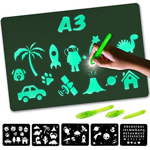 Nene Toys – Pizarra Mágica de Luz [Tamaño A3] – Novedoso Tablero Luminoso para Dibujar en la Oscuridad – Juguete Infantil para Niños Niñas de 3 a 12 años - Incluye 2 Bolígrafos Mágicos + 5 Plantillas