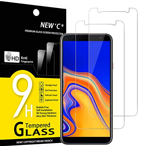 NEW'C 2 Unidades, Protector de Pantalla para Samsung Galaxy J4 Plus, Galaxy J4+, Antiarañazos, Antihuellas, Sin Burbujas, Dureza 9H, 0.33 mm Ultra Transparente, Vidrio Templado Ultra Resistente