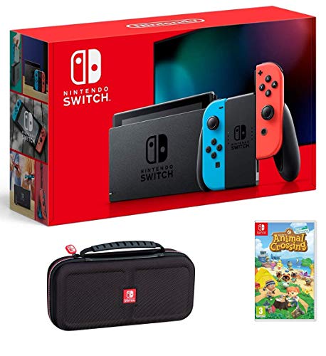 Nintendo Switch Bundle w/Game & Case: Nintendo Switch Consola de 32 GB con Neon Red y Blue Joy-Con, Animal Crossing New Horizons Game, Tigology Travel Case