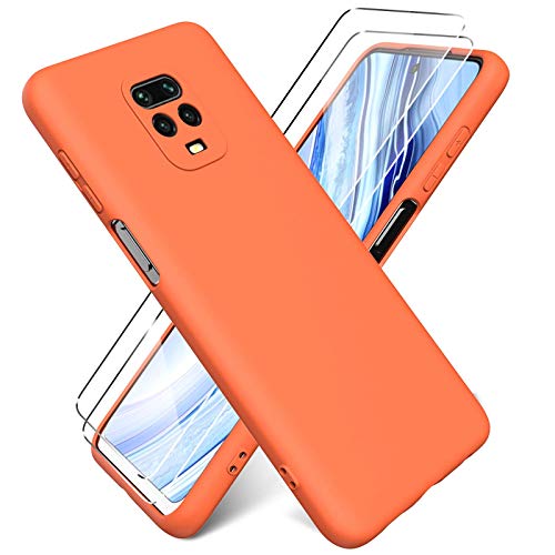 Oududianzi - Funda para Xiaomi Redmi Note 9S / Note 9 Pro + [2 Pack] Protector Pantalla, Carcasa de Silicona Líquida Gel Ultra Suave Funda con tapete de Microfibra Anti-Rasguño - Naranja