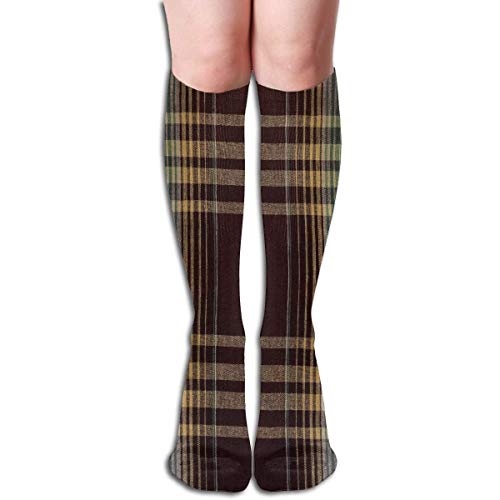 ouyjian Brown Plaid Fabric Design Elastic Blend Long Socks Compression Knee High Socks (50cm) For Sports