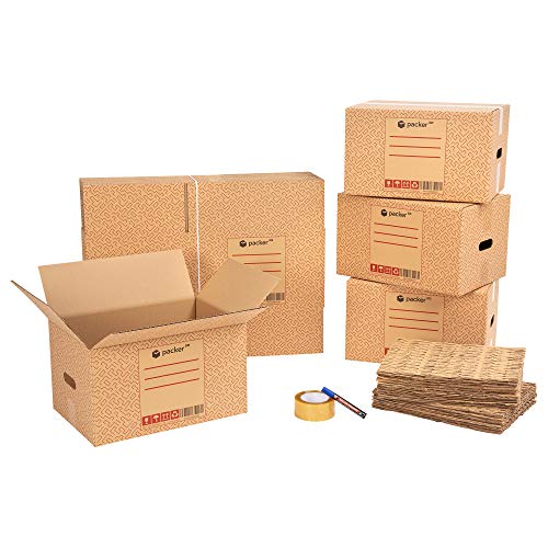 packer PRO Pack Mudanza Eco con 5 Cajas Carton Mudanza 600x400x400mm, 10 Cajas Carton Mudanza 430x300x250mm, Cinta Adhesiva, 25 Mallas de Protección para Embalaje, Rotulador Permanente