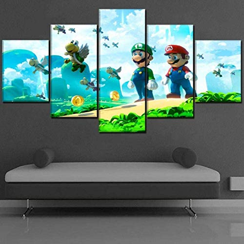 Póster de Super Mario de 5 piezas, lienzo de impresión artística de Super Mario Bros Classic, moderno, decoración de pared, diseño sin marco (B, 25 x 38 x 2-25 x 50 x 2-25 x 63 cm)