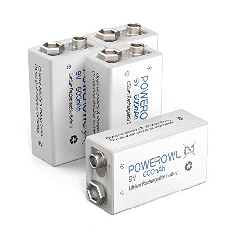 POWEROWL 9V Pilas Recargables Rendimiento más Alto Litio de Batería Li-Ion Baja autodescarga 4 Piezas (Precargadas, 600mAh, 1200 ciclos)