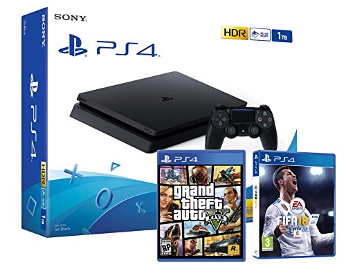 PS4 Slim 1Tb Negra Playstation 4 Consola - Pack 2 Juegos - FIFA 18 + GTA V