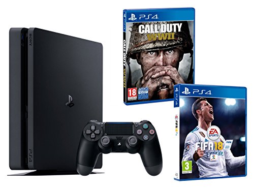 PS4 Slim 500Gb Negra Playstation 4 Consola - Pack 2 Juegos - FIFA 18 + Call of Duty WW2