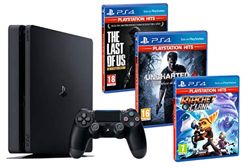 PS4 Slim Consola Playstation 4 Negra [HITS Pack] Uncharted 4 + The Last of Us: Remastered + Ratchet & Clank