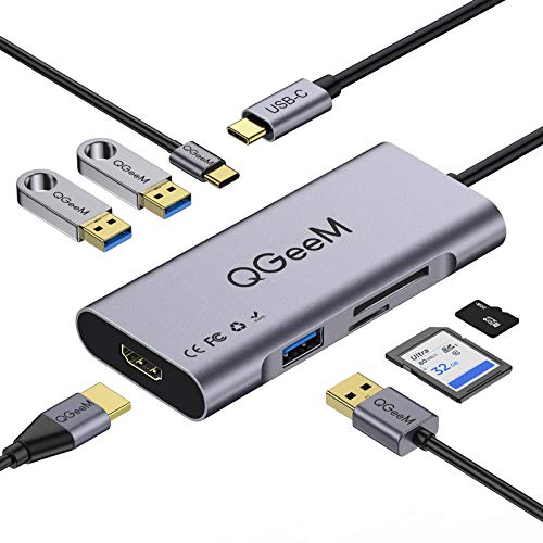 QGeeM Hub USB C, 7 en 1 Adaptador USB C,Tipo C Hub a HDMI 4k, 3 Puertos USB 3.0, Suministro de Energía de 100 W, Lectores de Tarjetas SD/TF Compatibles con MacBook Pro 13/15 (Thunderbolt 3)