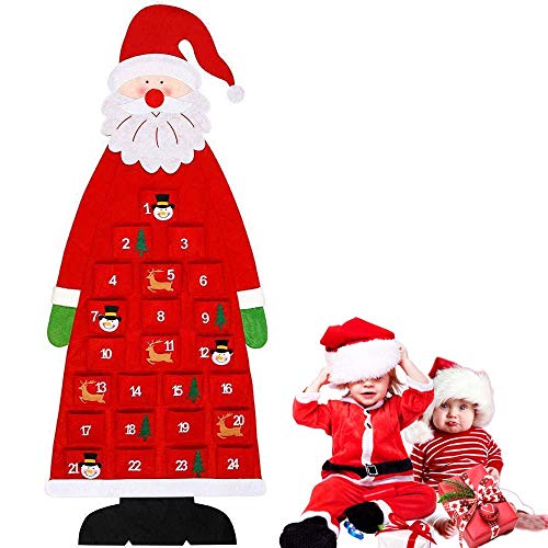 Queta Calendario de Adviento de Navidad, DIY Calendario de Navidad Adviento de Fieltro en Forma de Árbol de Navidad y Papá Noel con 24 Bolsas, Decoración Pare la Pared para Niños (Tipo-1)