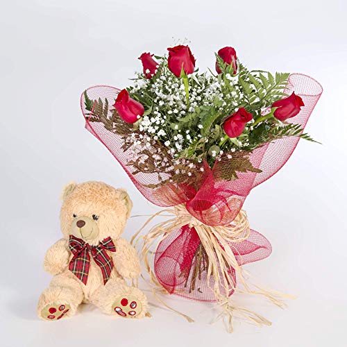 REGALAUNAFLOR-Ramo 6 rosas rojas con osito-FLORES FRESCAS-Entrega en 24 horas de martes a sabado.
