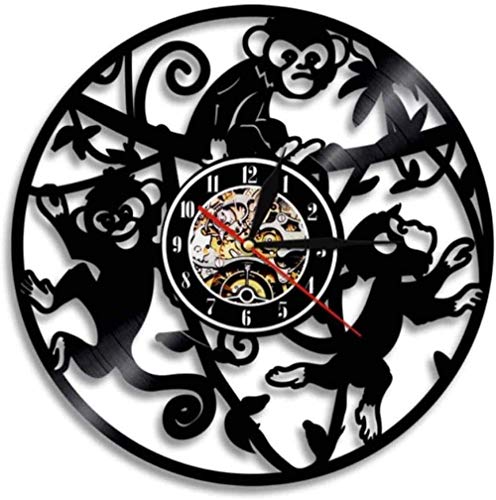 Reloj de Pared Zoo Pequeño Mono Rama Colgante Arte de la Pared Jungle Zoo Boy Animal Lindo Reloj de Pared Disco de Vinilo Decoración del hogar Guardería Reloj Moderno 30 × 30Cm