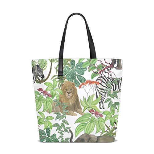 Rootti Jungle Animal Pattern - Bolso de hombro de piel de poliéster para mujeres y niñas, reutilizable, para trabajo, viajes, compras, uso de doble cara, asa