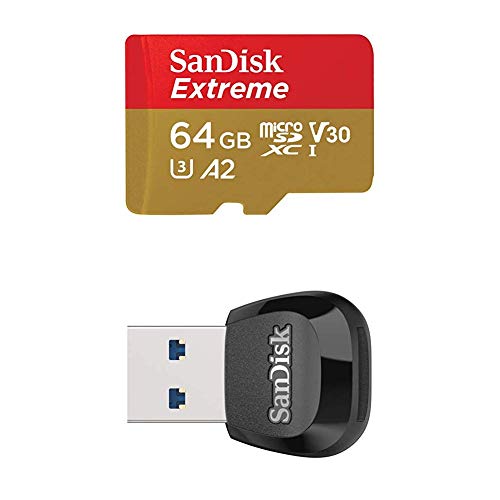 SanDisk Extreme - Tarjeta de memoria microSDXC de 64 GB con adaptador SD, A2, hasta 160 MB/s, Class 10, U3 y V30 + MobileMate Lector de tarjetas MicroSD, USB 3.0